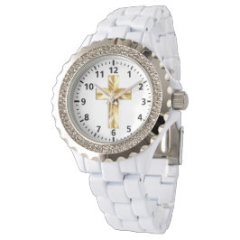Relógio Dourado Cross Custom Rhinestone White Enamel Watch