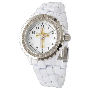 Relógio Dourado Cross Custom Rhinestone White Enamel Watch