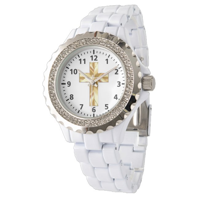 Relógio Dourado Cross Custom Rhinestone White Enamel Watch (Angular)
