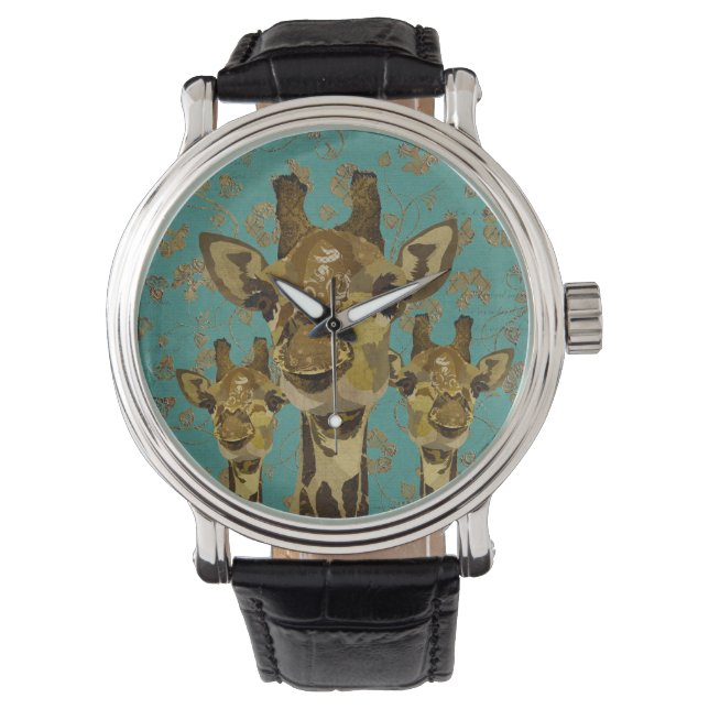 Relógio Dourado Damask Girafas Floral Retro Watch (Frente)