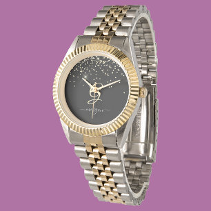 Relógio Dourado Glitter & Monograma - Nome do Script Branc