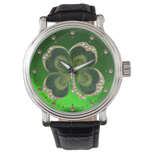 Relógio Dourado Saint Patrick Shamrock Jewel com Pérolas