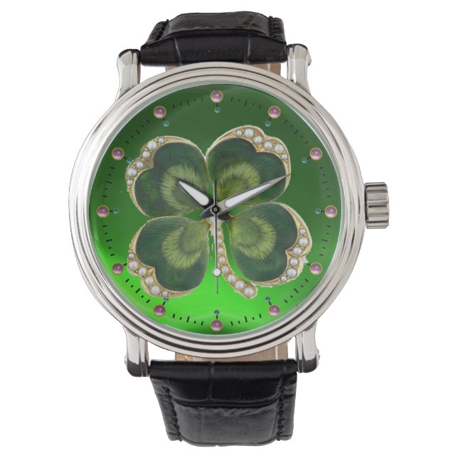 Relógio Dourado Saint Patrick Shamrock Jewel com Pérolas (Frente)
