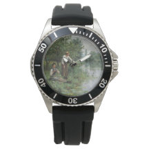 Duas mulheres pescando na grama pelo rio