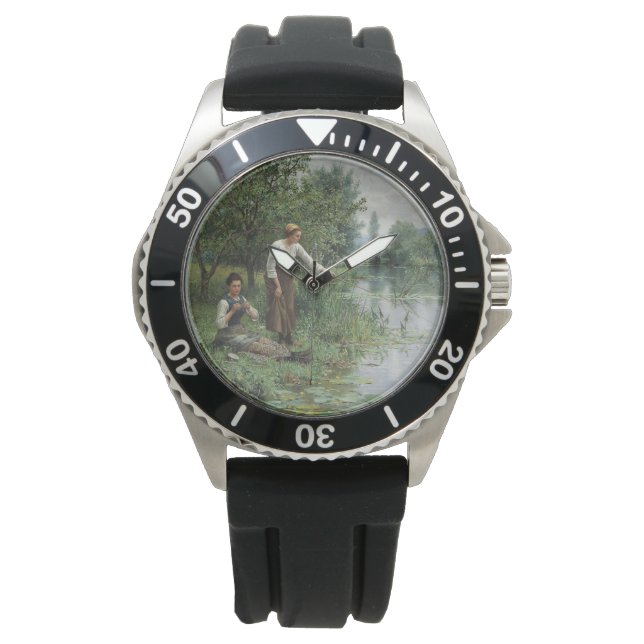 Relógio Duas mulheres pescando na grama pelo rio (Frente)