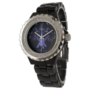 Relógio Eiffel Tower Purple Floral Swirings Watch