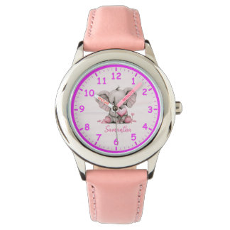 Relógio Elefante Bebê com Corações Rosa