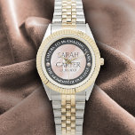 Relógio Elegant 46th Pearl Wedding Anniversary Celebration<br><div class="desc">Celebrate the 46th pearl wedding anniversary with this commemorative watch! Elegant lettering with pearls on a pearlescent pink background add a memorable touch for this special occasion and extraordinary milestone. Customize with couple's names,  dates of marriage,  and congratulatory messages.

Design © W.H. Sim. See more at zazzle.com/expressionsoccasions</div>