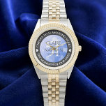 Relógio Elegant 51st Sapphire Wedding Anniversary<br><div class="desc">Celebrate the 51st sapphire wedding anniversary with this commemorative watch! Elegant lettering with hexagonal confetti on a sapphire blue background add a memorable touch for this special occasion and extraordinary milestone. Customize with couple's names,  dates of marriage,  and congratulatory messages.

Design © W.H. Sim. See more at zazzle.com/expressionsoccasions</div>