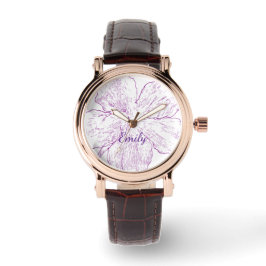 Relógio ​Elegant Brown Leather Purple Floral Artistic