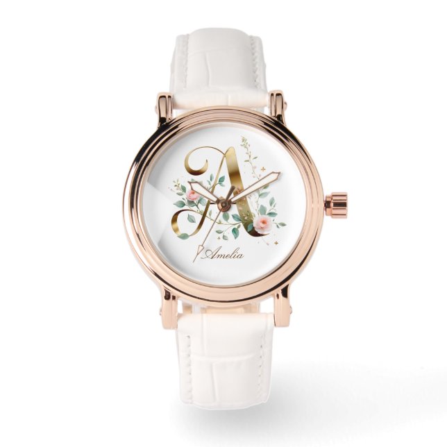 Relógio Elegant Gold Floral Monogram Initial A Watch (Frente)