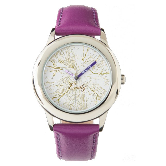Relógio Elegant Gold Floral Purple Leather Personalized (Frente)