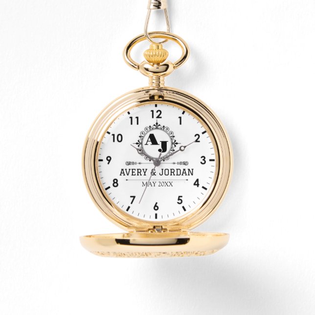 Relógio  Elegant Initials White black Luxury  Monogram (Frente)