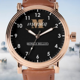 Relógio Elegant Monogram Black Gold Script minimal