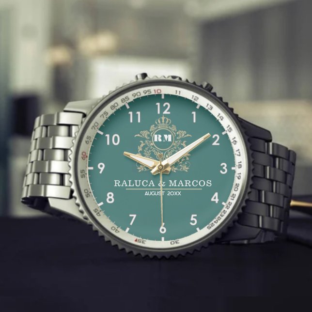 Relógio Elegant Monogram green and gold Couple names (Criador carregado)