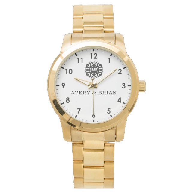 Relógio Elegant Personalized White & Black Monogram custom (Frente)