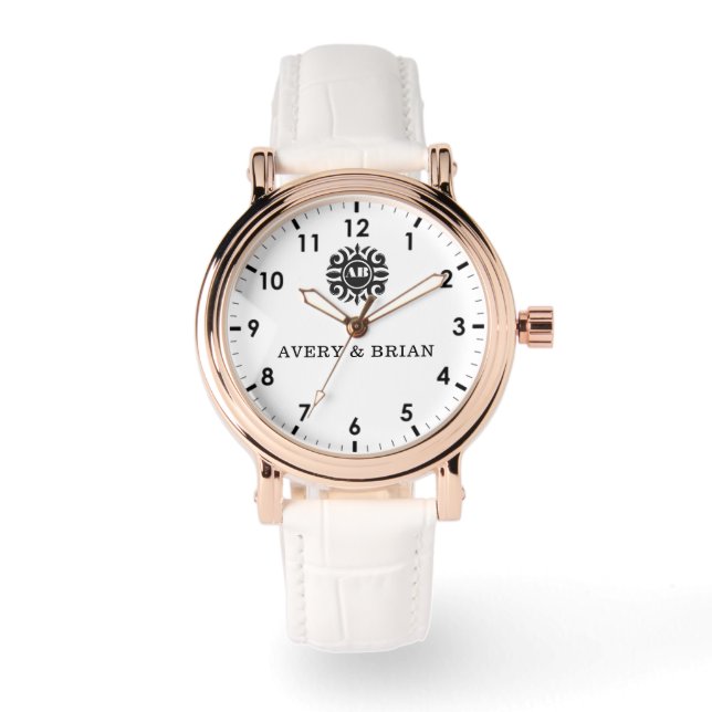 Relógio Elegant Personalized White & Black Monogram custom (Frente)