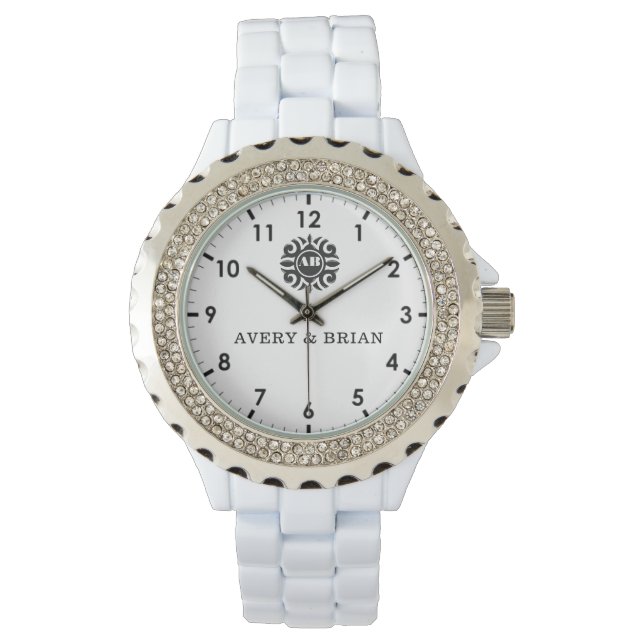 Relógio Elegant Personalized White & Black Monogram custom (Frente)