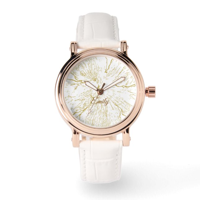 Relógio ​Elegant Rose Gold and White Leather Floral  (Frente)