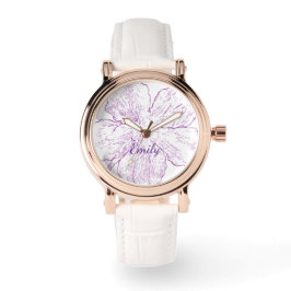 Relógio Elegant Rose Gold & White Leather Purple Floral