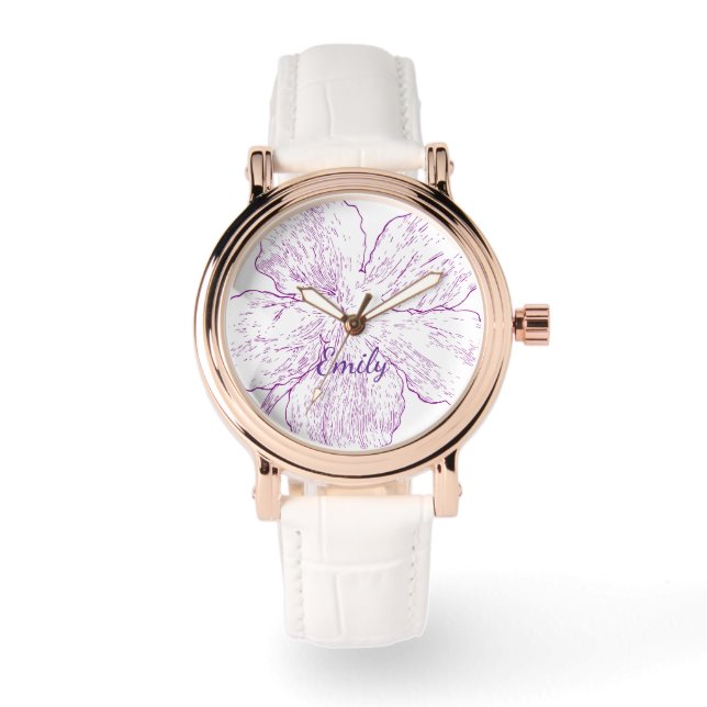 Relógio Elegant Rose Gold & White Leather Purple Floral (Frente)