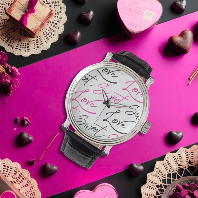 Relógio Elegante, amor preto e rosa e Design doce (Elegant Black and Pink Love and Sweet Design Watch)