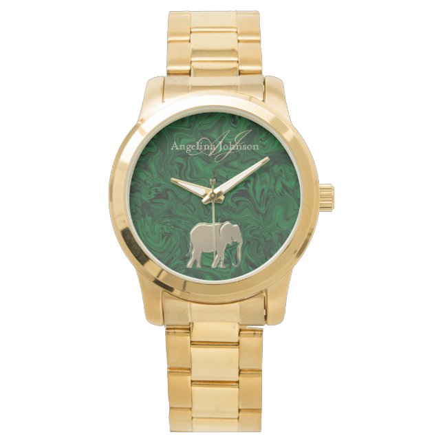 Relógio Elegante Dourado Elefante Emerald Green Monograma (Frente)
