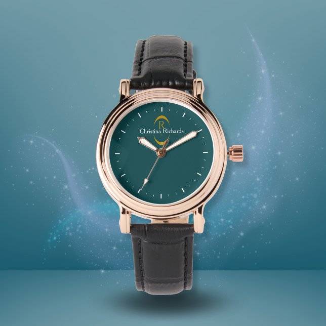 Relógio Elegante Dourado Monograma Teal Moderno (Criador carregado)