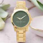 Relógio Elegante Luxury Dark Verde e Nome Dourado Aniversá<br><div class="desc">Um relógio elegante com uma correia de textura verde-escura de couro com acentos dourados. Essa sofisticada design combina luxo e estilo,  oferecendo um acessório de eterno que adiciona um toque de refinamento a qualquer equipamento.</div>