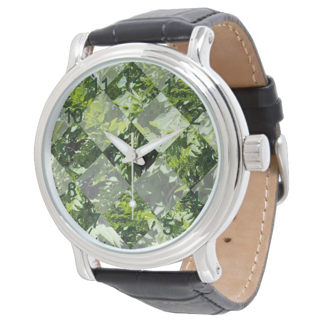 Relógio Emerald Elegance: Folhas Verdes em Diamond Cut, (Angular)