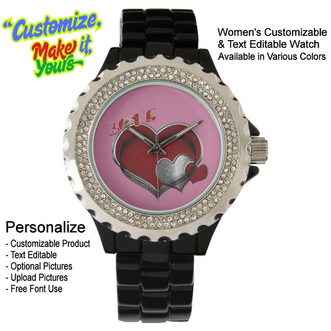 Relógio Enamel Preto Rinotraqueíte Crônica Coração (Women's Heart Magic Black Rhinestone Enamel Watch Featuring Pink Face.)