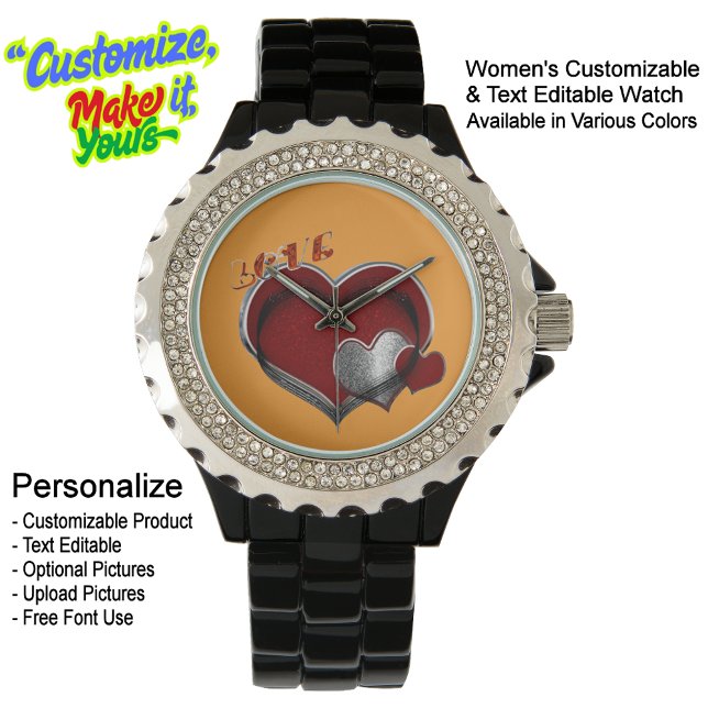 Relógio Enamel Preto Rinotraqueíte Laranja Órmica do Coraç (Women's Heart Magic Black Rhinestone Enamel Watch Featuring a Orange Face.)