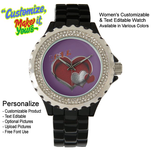 Relógio Enamel Preto Rinotron Roxo-Magia do Coração (Women's Heart Magic Black Rhinestone Enamel Watch Featuring a Purple Face.)