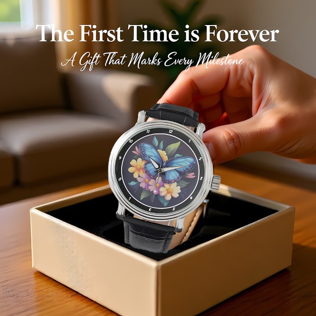 Relógio Enchanted Garden" - Blue Butterfly & Floral (Criador carregado)