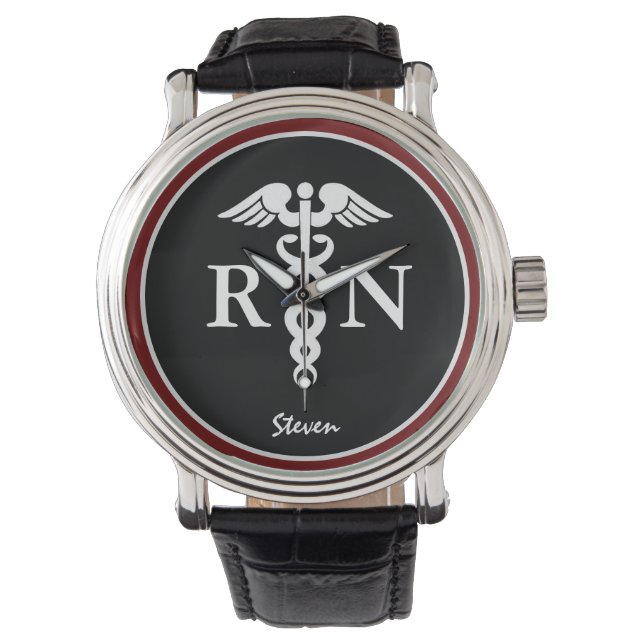 Relógio Enfermeira Masculina RN Caduceus Modern Black Burg (Frente)