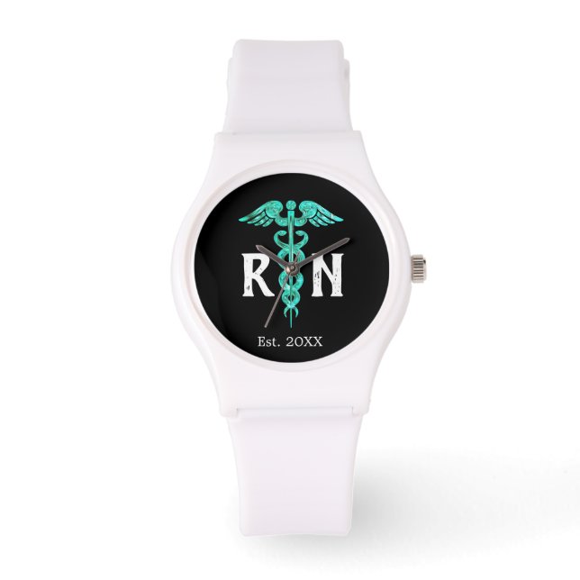Relógio Enfermeiro Personalizado RN Turquoise Caduceus Whi (Frente)