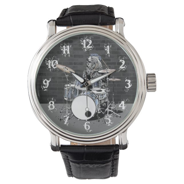 Relógio Engraçado Urso Drumador do Pedreiro Jogando Tambor (Frente)