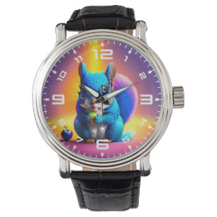 Relógio Esquilo Azul Comendo Uma Fruta