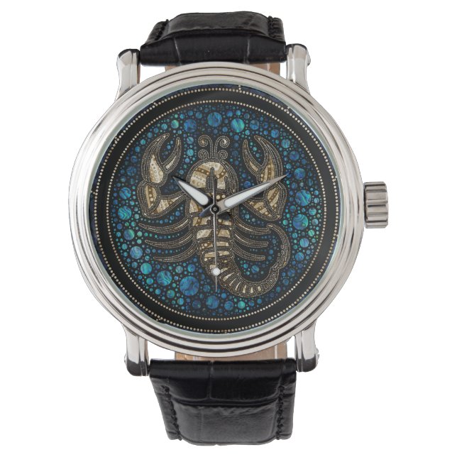 Relógio Estilo de Arte Dot Scorpio Zodiac Abalone Dourado (Frente)