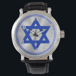 Relógio Estrela de David<br><div class="desc">Vigia de correia preta de couro com uma imagem de uma estrela azul real de David e uma dupla borda azul real em prata brilhante. Face opcional do relógio prateado. Consulte botão quadrado correspondente, botão redondo, charme redondo, chaveiro de metal grande redondo e colar redondo. Veja toda a coleção do...</div>