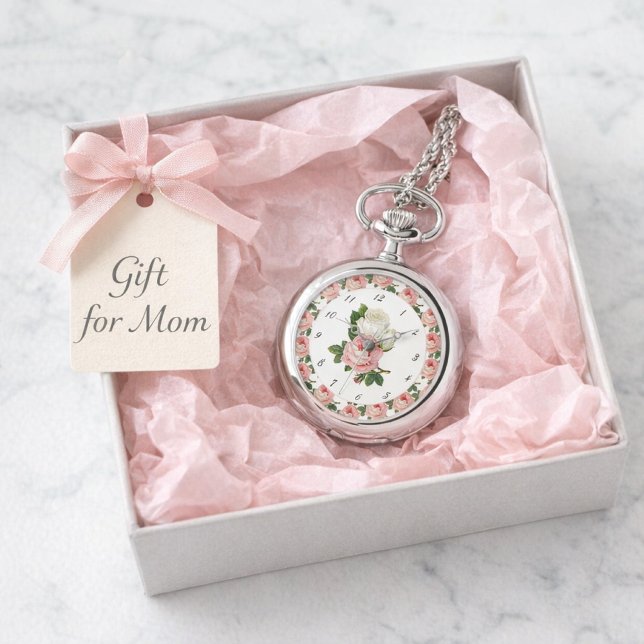 Relógio eWatch de Rosas Rosadas Botânico Vintage (Silver floral locket watch in pink tissue gift box with tag, elegant birthday or Mother's Day gift.)