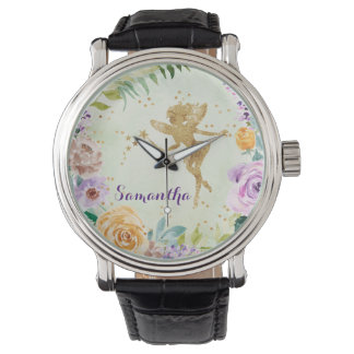 Relógio Fada Dourada de Leitura com Flores Selvagens Roxas