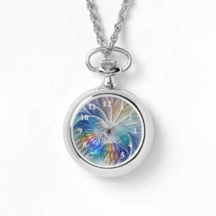 Relógio Fantasia Floral, Abstrato Fractal Colorida Nome Pr