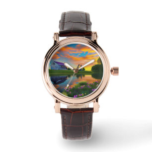 Relógio Farmhouse Purple Telhado Pond em Sunrise