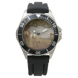 Relógio Fazendeiros Descansados em Campo com Cavalos e Flo