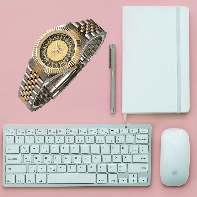 Relógio Feliz Dia de os pais Dourado Caligrafia (Happy Father's Day Gold Calligraphy Leafy Swirls Watch)