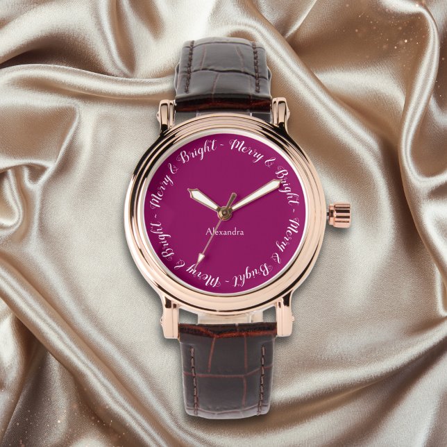 Relógio Feliz Natal de Na moda Bonito Elegante (An elegant watch with magenta face and 'Merry & Bright' caption around the edge)