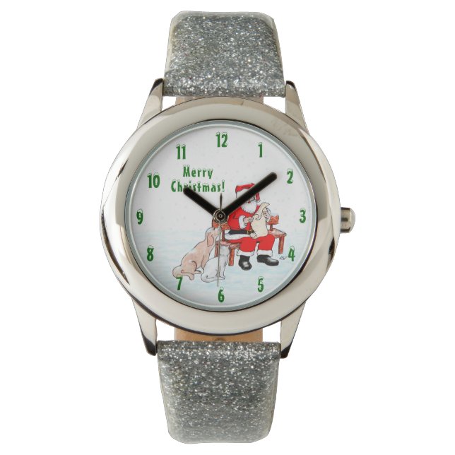Relógio Feliz Natal! Papai Noel com Gato e Cão (Frente)