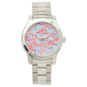 Relógio Flamingos cor-de-rosa brilhantes no azul
