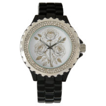 Relógio Flor de Rosa Branco & Dourado Elegante – L